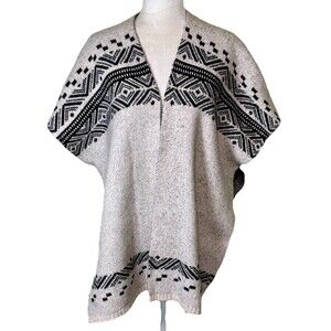 Loft Women’s Nordic Geometric Knit Oatmeal Poncho Open Front Cape Fair Isle XS/S